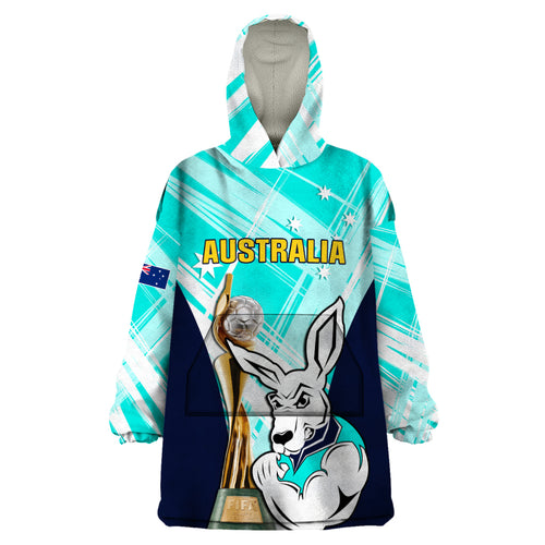 Custom Australia Soccer Wearable Blanket Hoodie Matildas Kangaroo With World Cup Trophy 2023 Turquoise Version