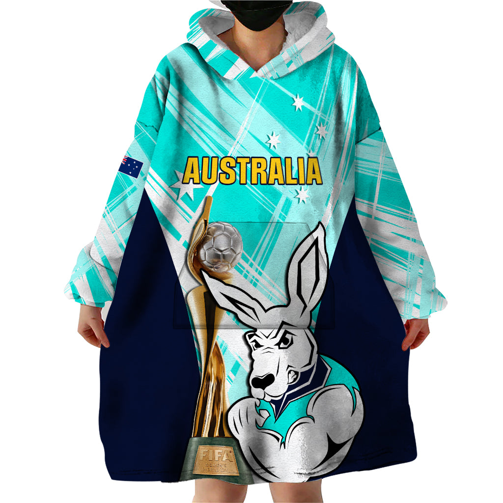 Custom Australia Soccer Wearable Blanket Hoodie Matildas Kangaroo With World Cup Trophy 2023 Turquoise Version