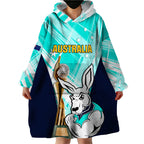 Custom Australia Soccer Wearable Blanket Hoodie Matildas Kangaroo With World Cup Trophy 2023 Turquoise Version