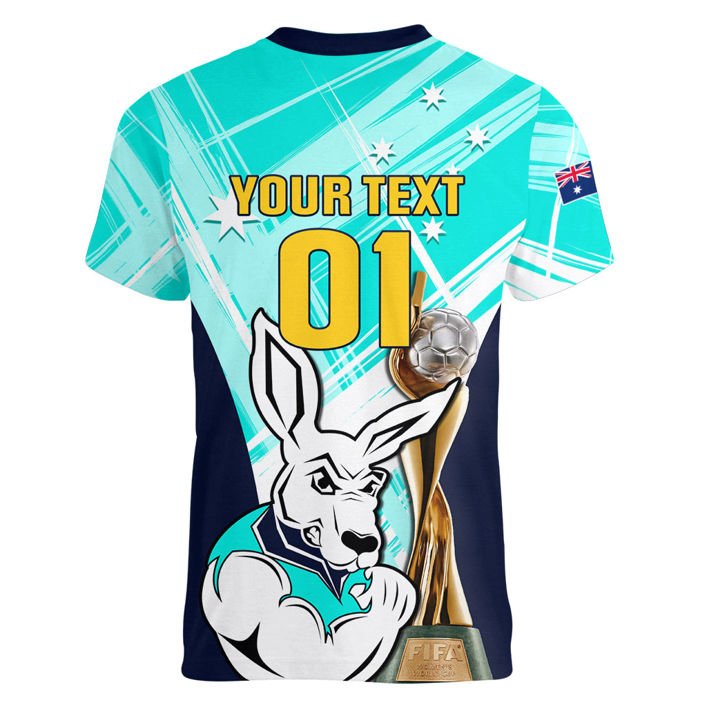 Custom Australia Soccer Women V Neck T Shirt Matildas Kangaroo With World Cup Trophy 2023 Turquoise Version