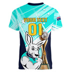 Custom Australia Soccer Women V Neck T Shirt Matildas Kangaroo With World Cup Trophy 2023 Turquoise Version