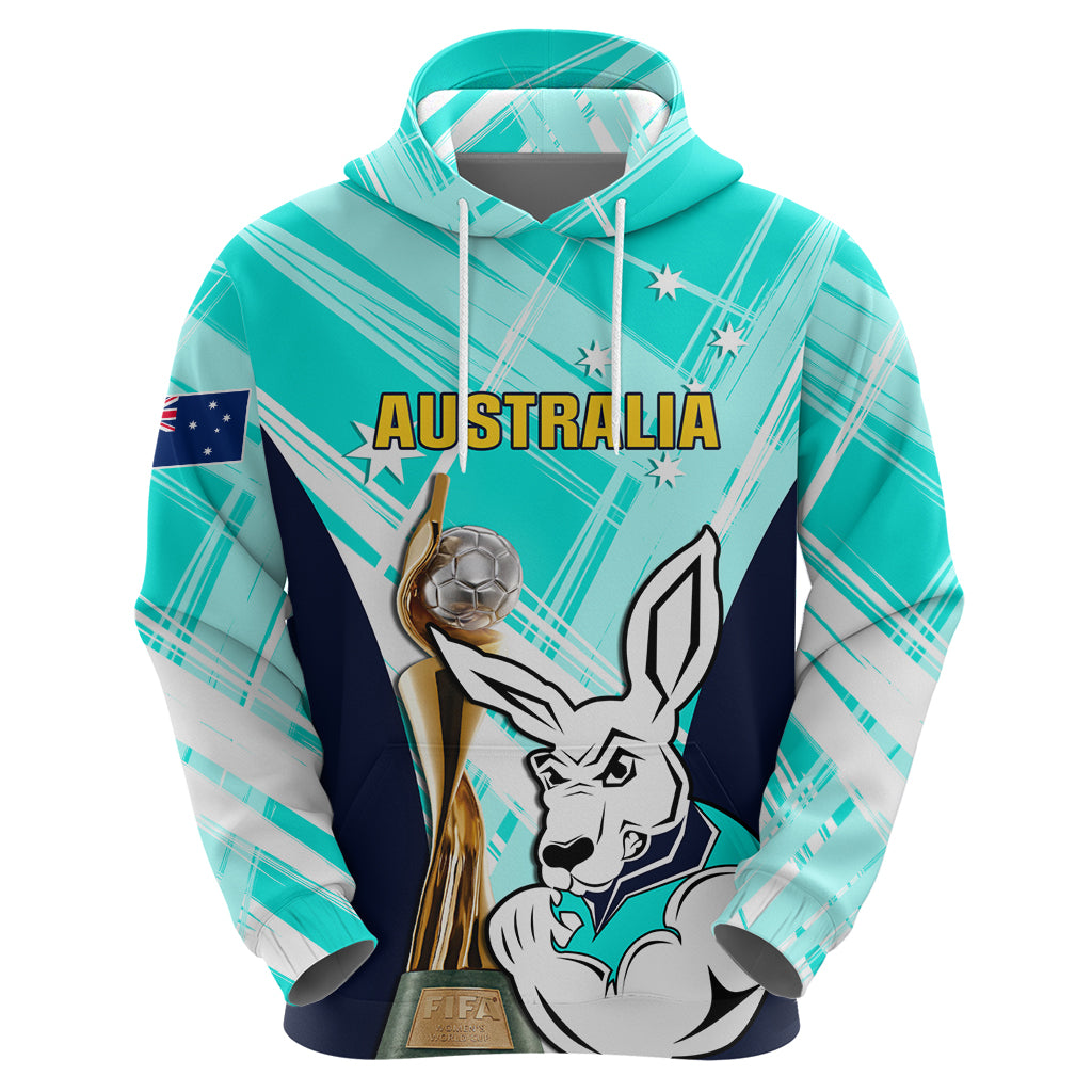Custom Australia Soccer Zip Hoodie Matildas Kangaroo With World Cup Trophy 2023 Turquoise Version