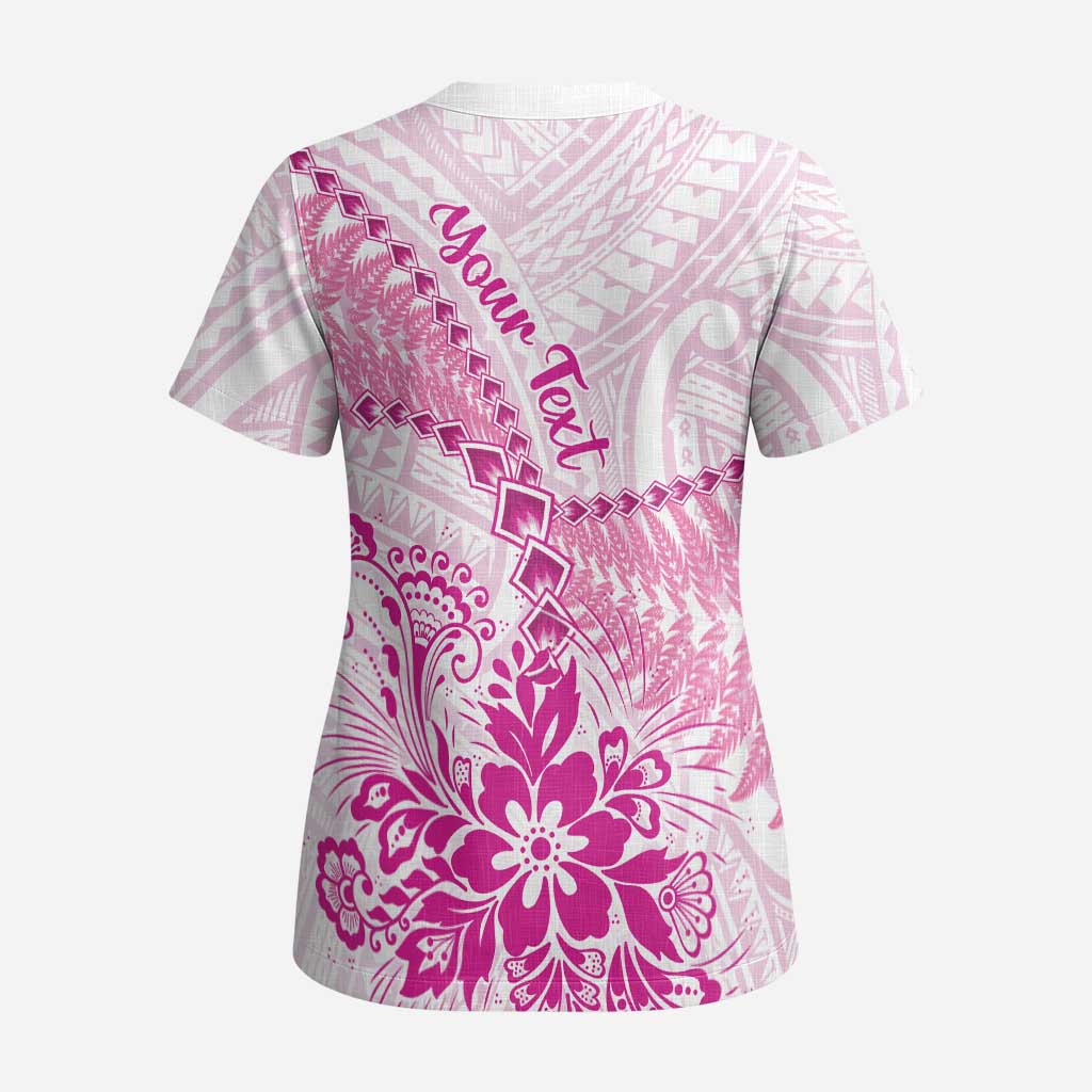 Personalised New Zealand Pink Fern Breast Cancer Scrub Top Polynesian Pattern - Aussie Hoodie