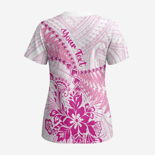 Personalised New Zealand Pink Fern Breast Cancer Scrub Top Polynesian Pattern - Aussie Hoodie