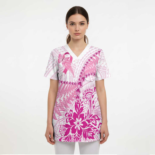 Personalised New Zealand Pink Fern Breast Cancer Scrub Top Polynesian Pattern - Aussie Hoodie