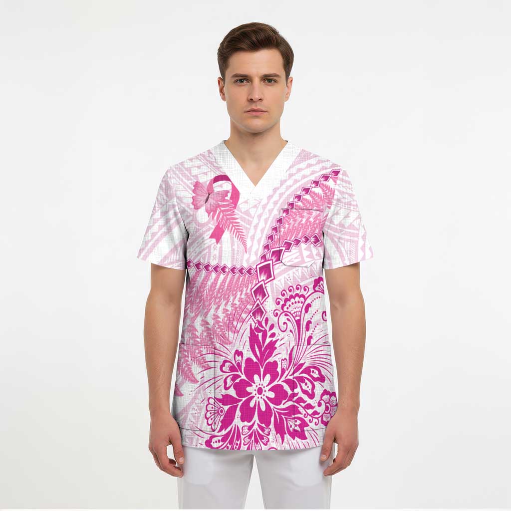Personalised New Zealand Pink Fern Breast Cancer Scrub Top Polynesian Pattern - Aussie Hoodie