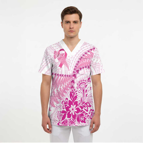 Personalised New Zealand Pink Fern Breast Cancer Scrub Top Polynesian Pattern - Aussie Hoodie
