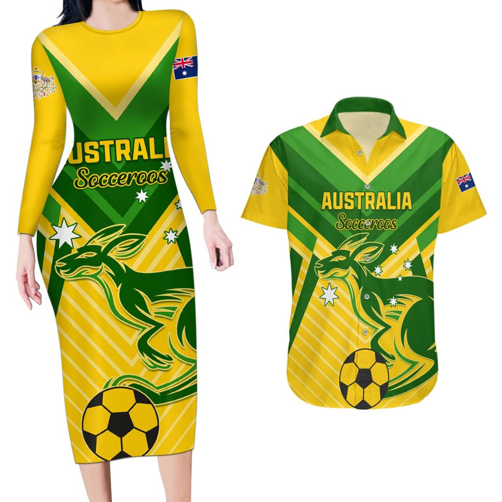 Australia Soccer Couples Matching Long Sleeve Bodycon Dress and Hawaiian Shirt Go Socceroos
