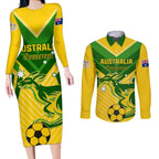 Australia Soccer Couples Matching Long Sleeve Bodycon Dress and Long Sleeve Button Shirt Go Socceroos