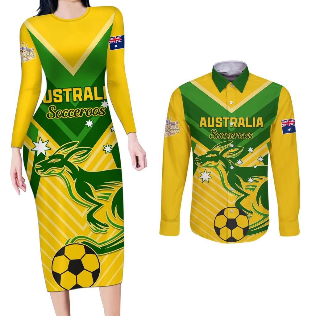 Australia Soccer Couples Matching Long Sleeve Bodycon Dress and Long Sleeve Button Shirt Go Socceroos