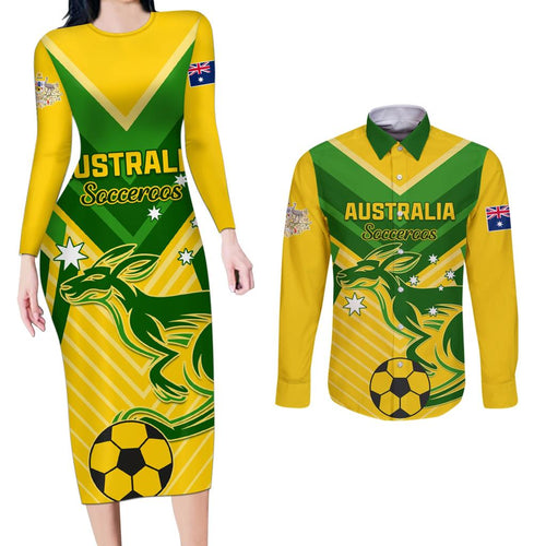 Australia Soccer Couples Matching Long Sleeve Bodycon Dress and Long Sleeve Button Shirt Go Socceroos