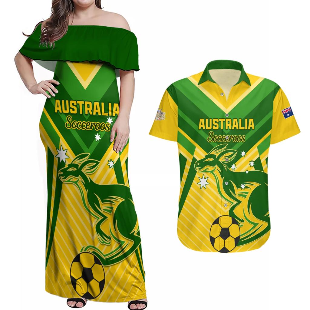Australia Soccer Couples Matching Off Shoulder Maxi Dress and Hawaiian Shirt Go Socceroos