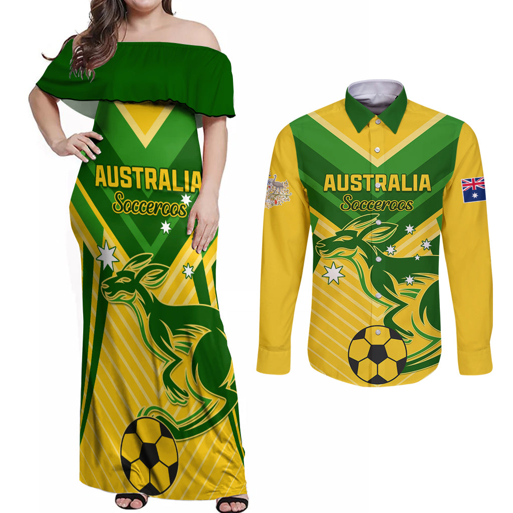 Australia Soccer Couples Matching Off Shoulder Maxi Dress and Long Sleeve Button Shirt Go Socceroos