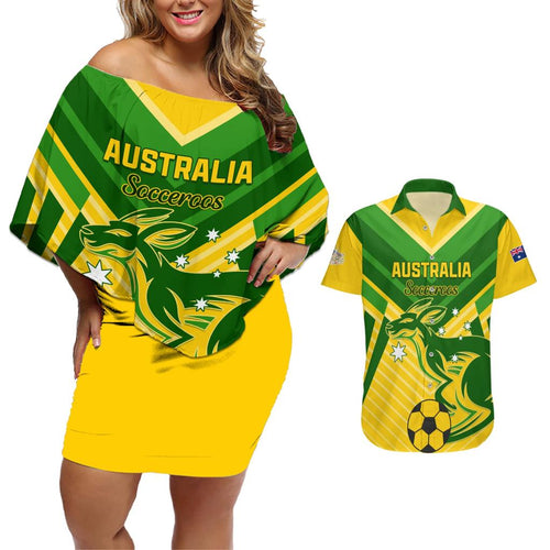Australia Soccer Couples Matching Off Shoulder Short Dress and Hawaiian Shirt Go Socceroos