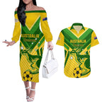 Australia Soccer Couples Matching Off The Shoulder Long Sleeve Dress and Hawaiian Shirt Go Socceroos
