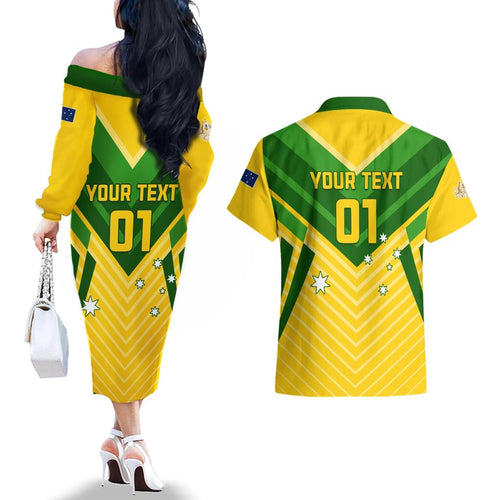 Australia Soccer Couples Matching Off The Shoulder Long Sleeve Dress and Hawaiian Shirt Go Socceroos
