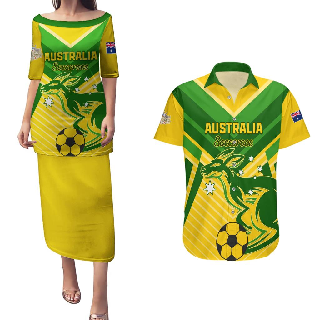 Australia Soccer Couples Matching Puletasi and Hawaiian Shirt Go Socceroos