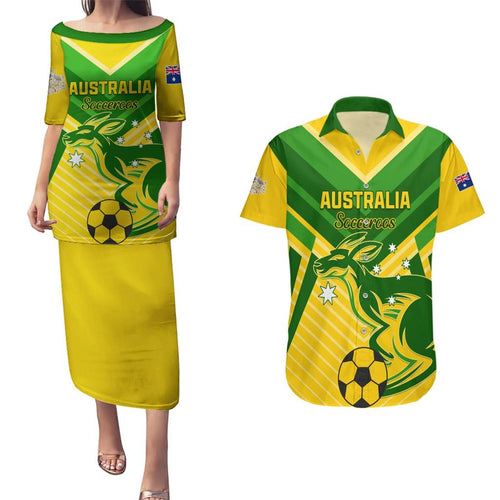 Australia Soccer Couples Matching Puletasi and Hawaiian Shirt Go Socceroos
