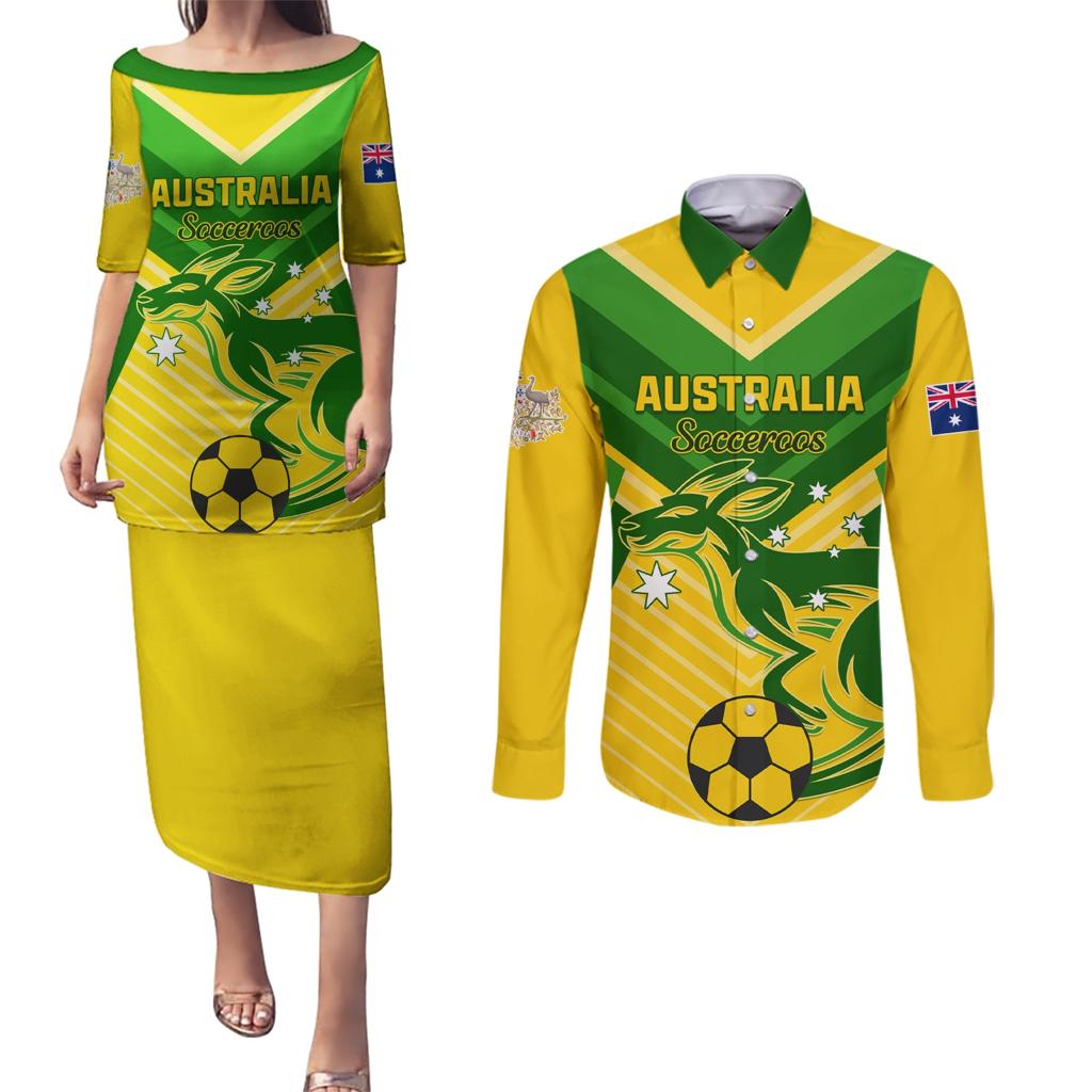 Australia Soccer Couples Matching Puletasi and Long Sleeve Button Shirt Go Socceroos
