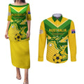 Australia Soccer Couples Matching Puletasi and Long Sleeve Button Shirt Go Socceroos
