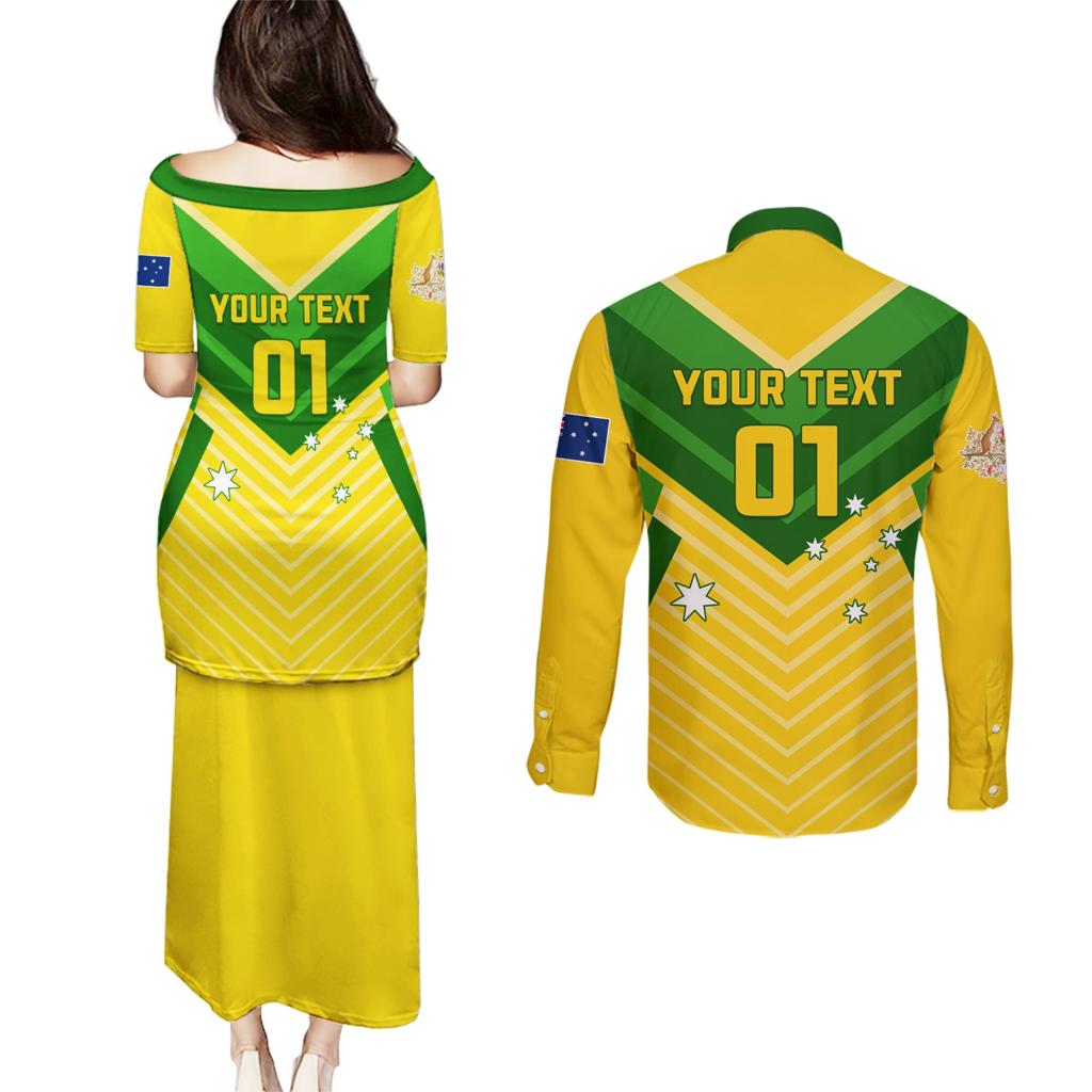 Australia Soccer Couples Matching Puletasi and Long Sleeve Button Shirt Go Socceroos