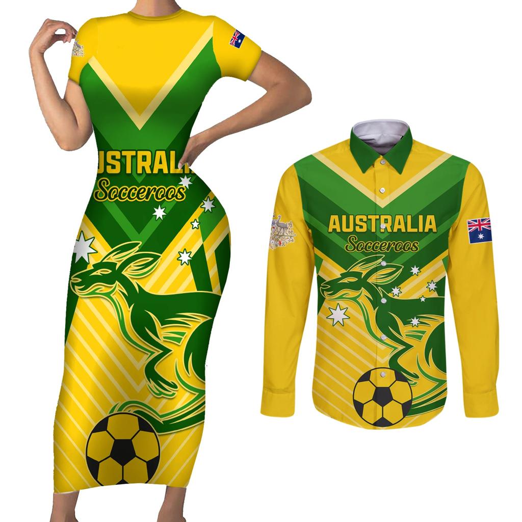 Australia Soccer Couples Matching Short Sleeve Bodycon Dress and Long Sleeve Button Shirt Go Socceroos