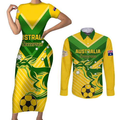 Australia Soccer Couples Matching Short Sleeve Bodycon Dress and Long Sleeve Button Shirt Go Socceroos