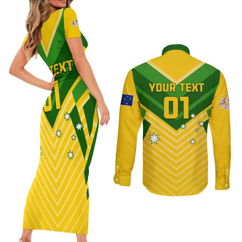 Australia Soccer Couples Matching Short Sleeve Bodycon Dress and Long Sleeve Button Shirt Go Socceroos