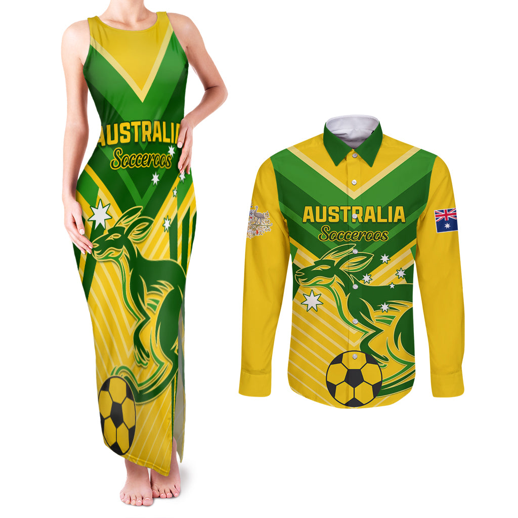 Australia Soccer Couples Matching Tank Maxi Dress and Long Sleeve Button Shirt Go Socceroos