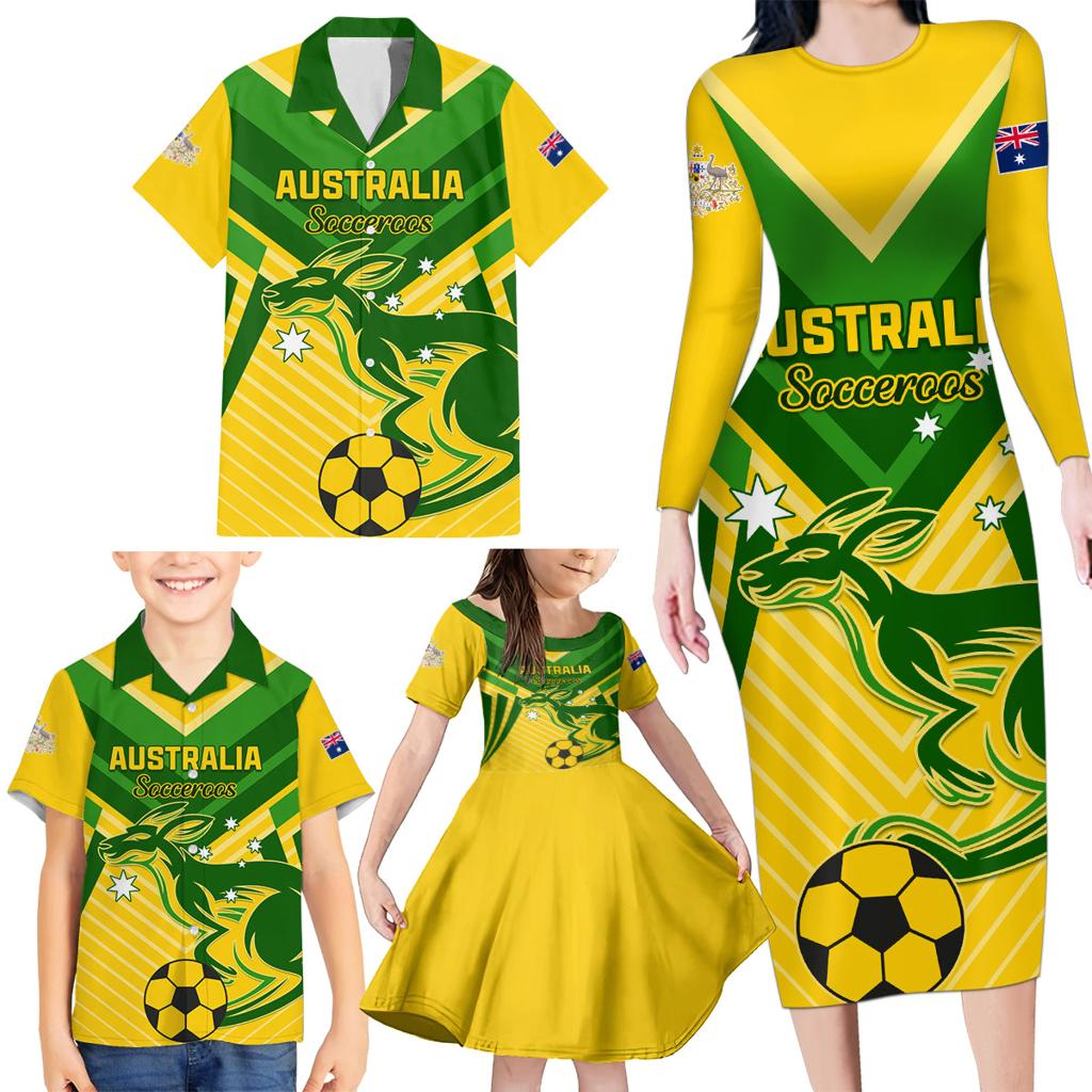Australia Soccer Family Matching Long Sleeve Bodycon Dress and Hawaiian Shirt Go Socceroos