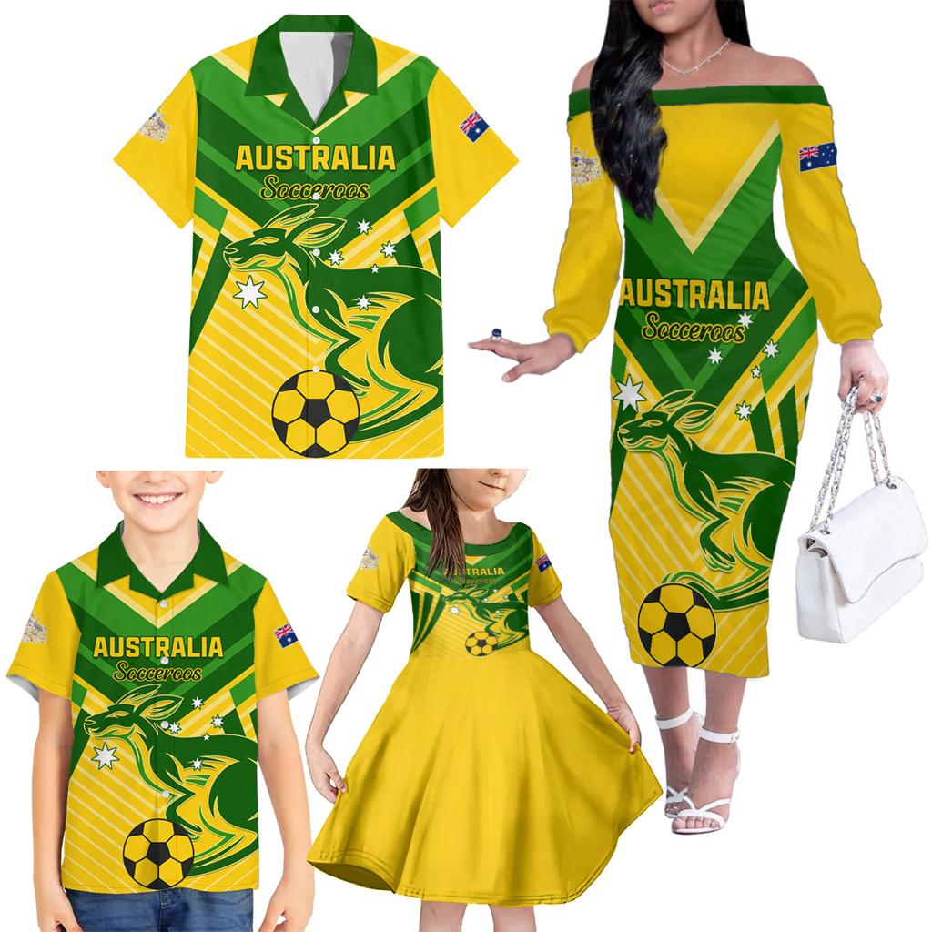 Australia Soccer Family Matching Off The Shoulder Long Sleeve Dress and Hawaiian Shirt Go Socceroos