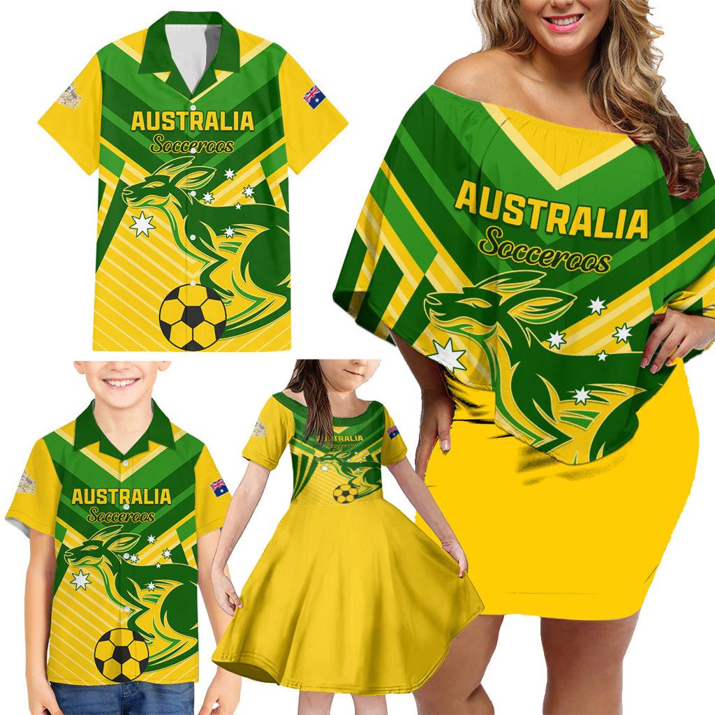 Australia Soccer Family Matching Off Shoulder Short Dress and Hawaiian Shirt Go Socceroos