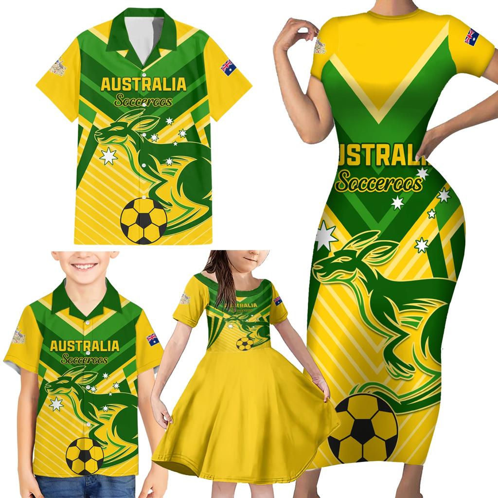 Australia Soccer Family Matching Short Sleeve Bodycon Dress and Hawaiian Shirt Go Socceroos