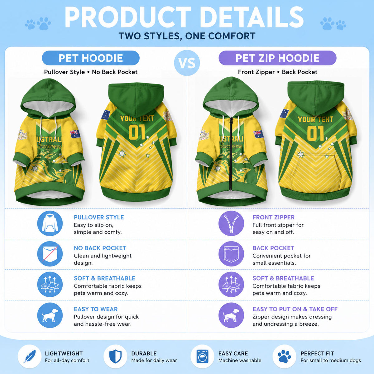 Custom Australia Soccer Pet Hoodie Go Socceroos