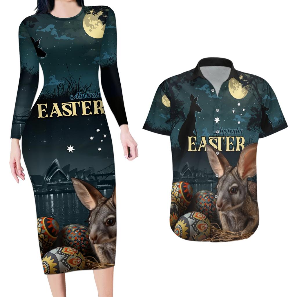 Australia Easter 2024 Couples Matching Long Sleeve Bodycon Dress and Hawaiian Shirt Bunny With Aboriginal Eggs At Starry Night
