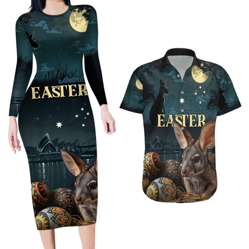 Australia Easter 2024 Couples Matching Long Sleeve Bodycon Dress and Hawaiian Shirt Bunny With Aboriginal Eggs At Starry Night