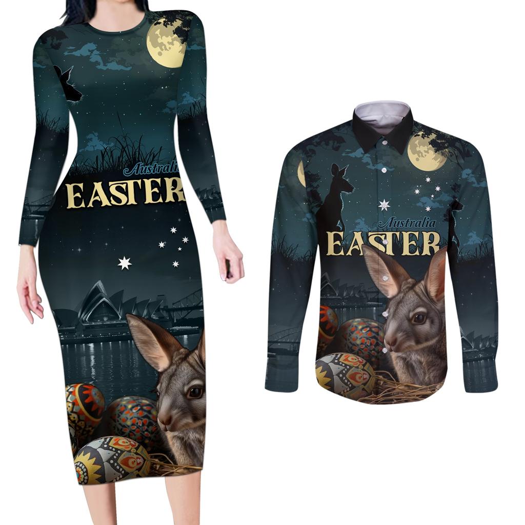 Australia Easter 2024 Couples Matching Long Sleeve Bodycon Dress and Long Sleeve Button Shirt Bunny With Aboriginal Eggs At Starry Night