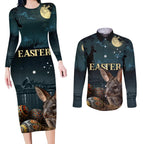 Australia Easter 2024 Couples Matching Long Sleeve Bodycon Dress and Long Sleeve Button Shirt Bunny With Aboriginal Eggs At Starry Night