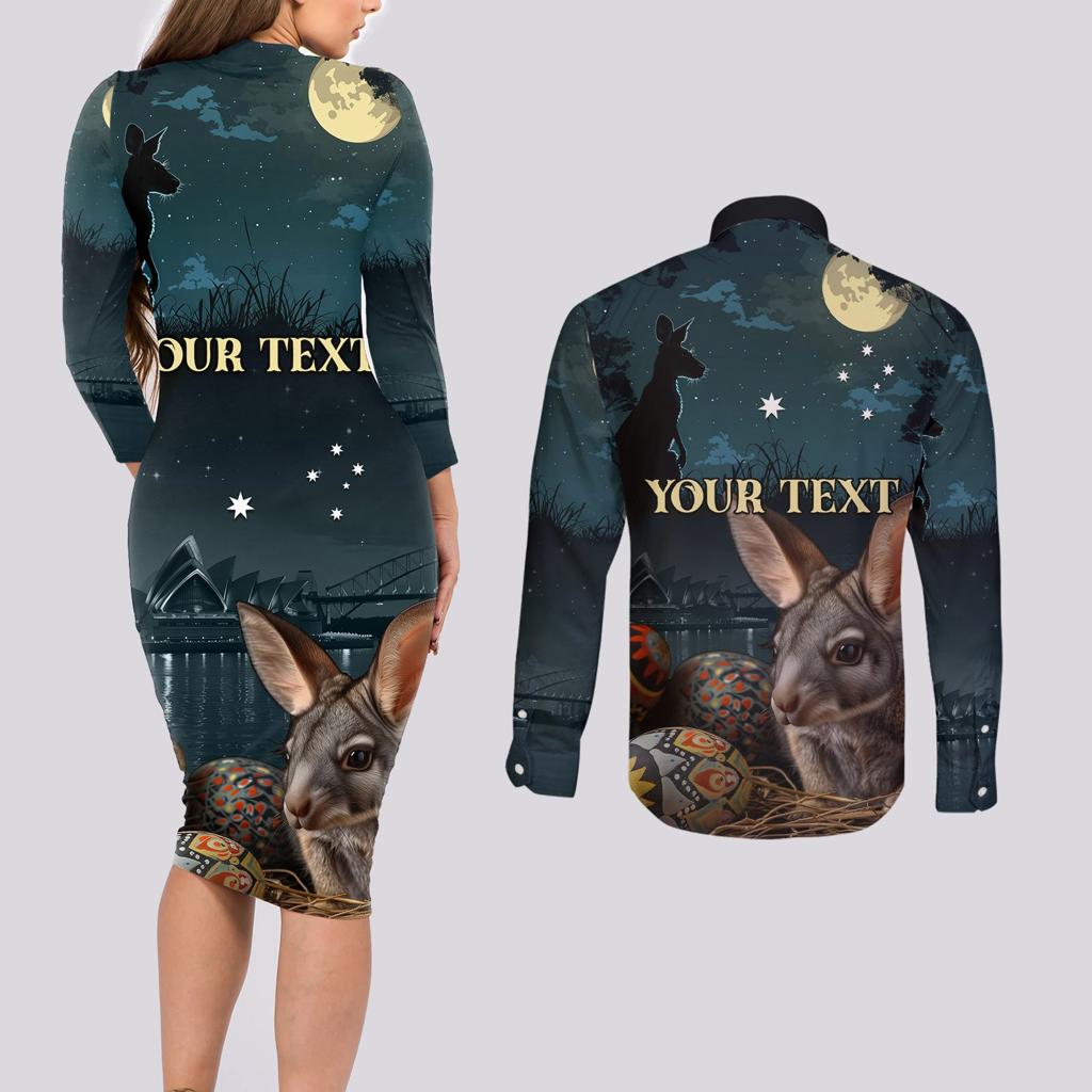 Australia Easter 2024 Couples Matching Long Sleeve Bodycon Dress and Long Sleeve Button Shirt Bunny With Aboriginal Eggs At Starry Night