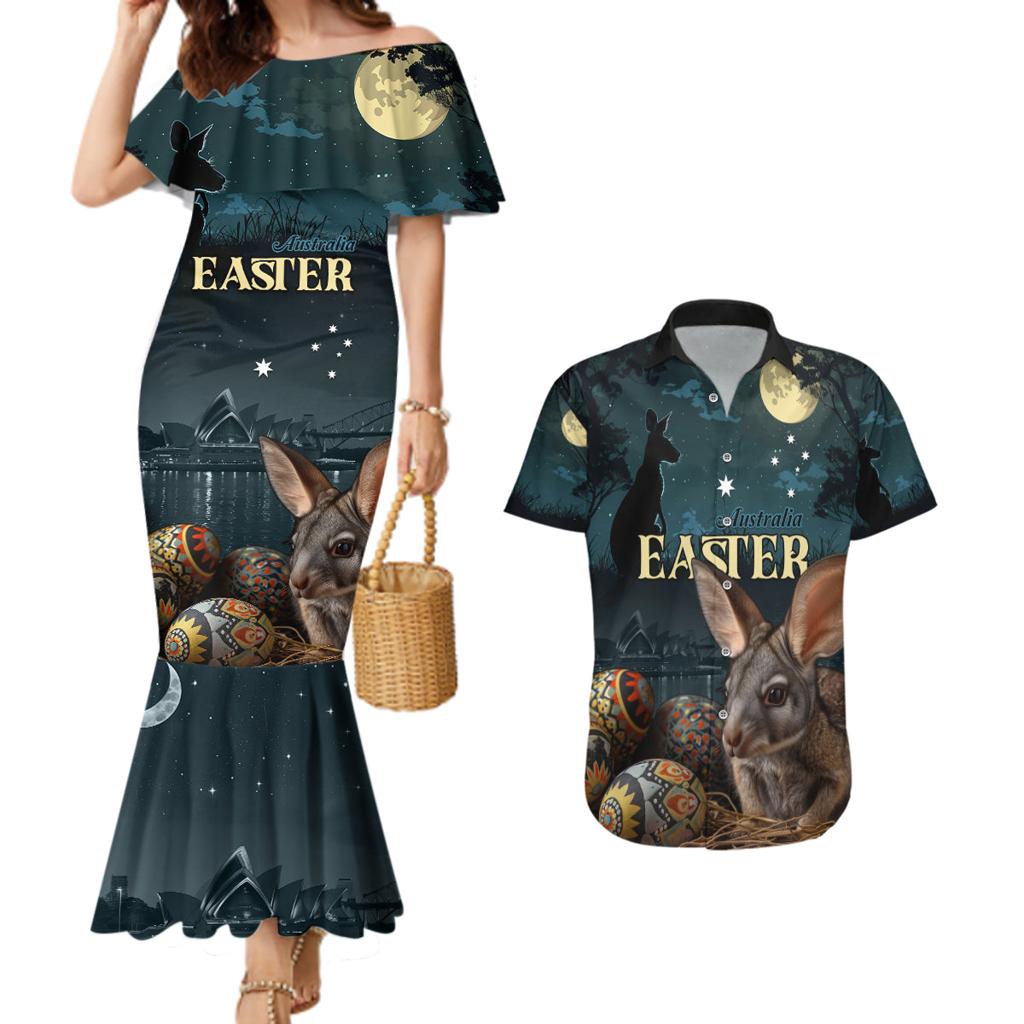 Australia Easter 2024 Couples Matching Mermaid Dress and Hawaiian Shirt Bunny With Aboriginal Eggs At Starry Night