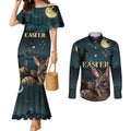 Australia Easter 2024 Couples Matching Mermaid Dress and Long Sleeve Button Shirt Bunny With Aboriginal Eggs At Starry Night
