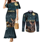 Australia Easter 2024 Couples Matching Mermaid Dress and Long Sleeve Button Shirt Bunny With Aboriginal Eggs At Starry Night