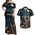 Australia Easter 2024 Couples Matching Off Shoulder Maxi Dress and Hawaiian Shirt Bunny With Aboriginal Eggs At Starry Night