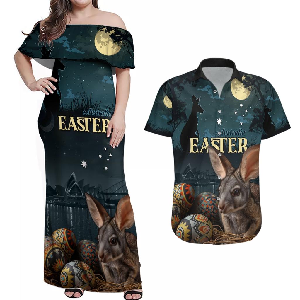 Australia Easter 2024 Couples Matching Off Shoulder Maxi Dress and Hawaiian Shirt Bunny With Aboriginal Eggs At Starry Night