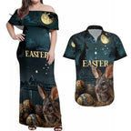 Australia Easter 2024 Couples Matching Off Shoulder Maxi Dress and Hawaiian Shirt Bunny With Aboriginal Eggs At Starry Night