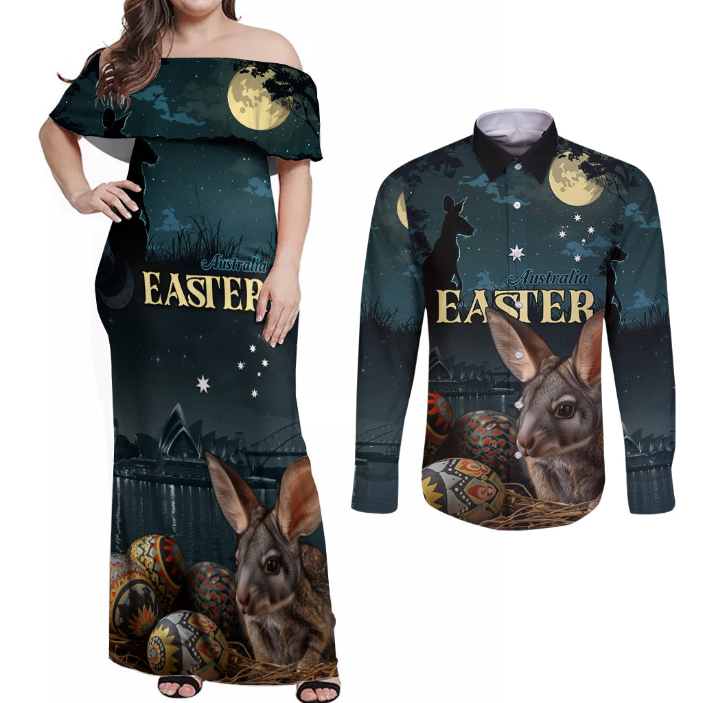 Australia Easter 2024 Couples Matching Off Shoulder Maxi Dress and Long Sleeve Button Shirt Bunny With Aboriginal Eggs At Starry Night