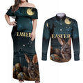 Australia Easter 2024 Couples Matching Off Shoulder Maxi Dress and Long Sleeve Button Shirt Bunny With Aboriginal Eggs At Starry Night