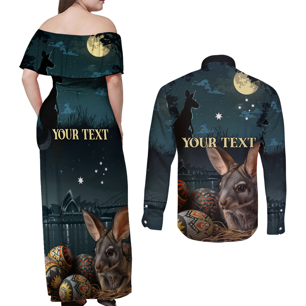 Australia Easter 2024 Couples Matching Off Shoulder Maxi Dress and Long Sleeve Button Shirt Bunny With Aboriginal Eggs At Starry Night