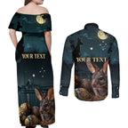 Australia Easter 2024 Couples Matching Off Shoulder Maxi Dress and Long Sleeve Button Shirt Bunny With Aboriginal Eggs At Starry Night
