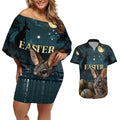 Australia Easter 2024 Couples Matching Off Shoulder Short Dress and Hawaiian Shirt Bunny With Aboriginal Eggs At Starry Night